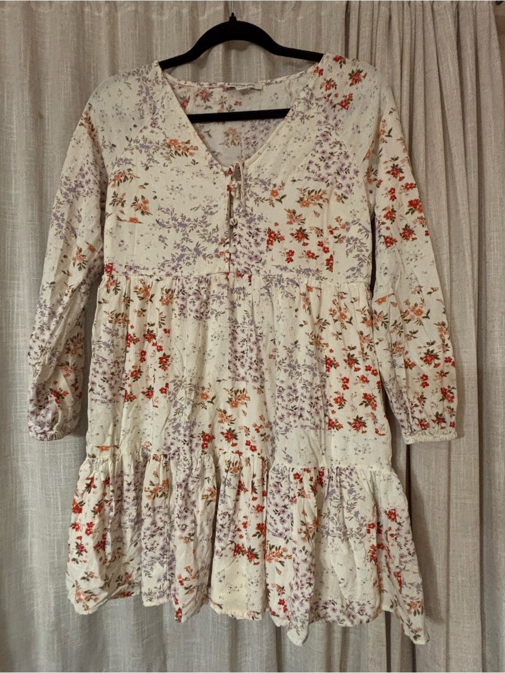 Boho Cream Floral Tiered Dress with Lavender and Coral Blooms